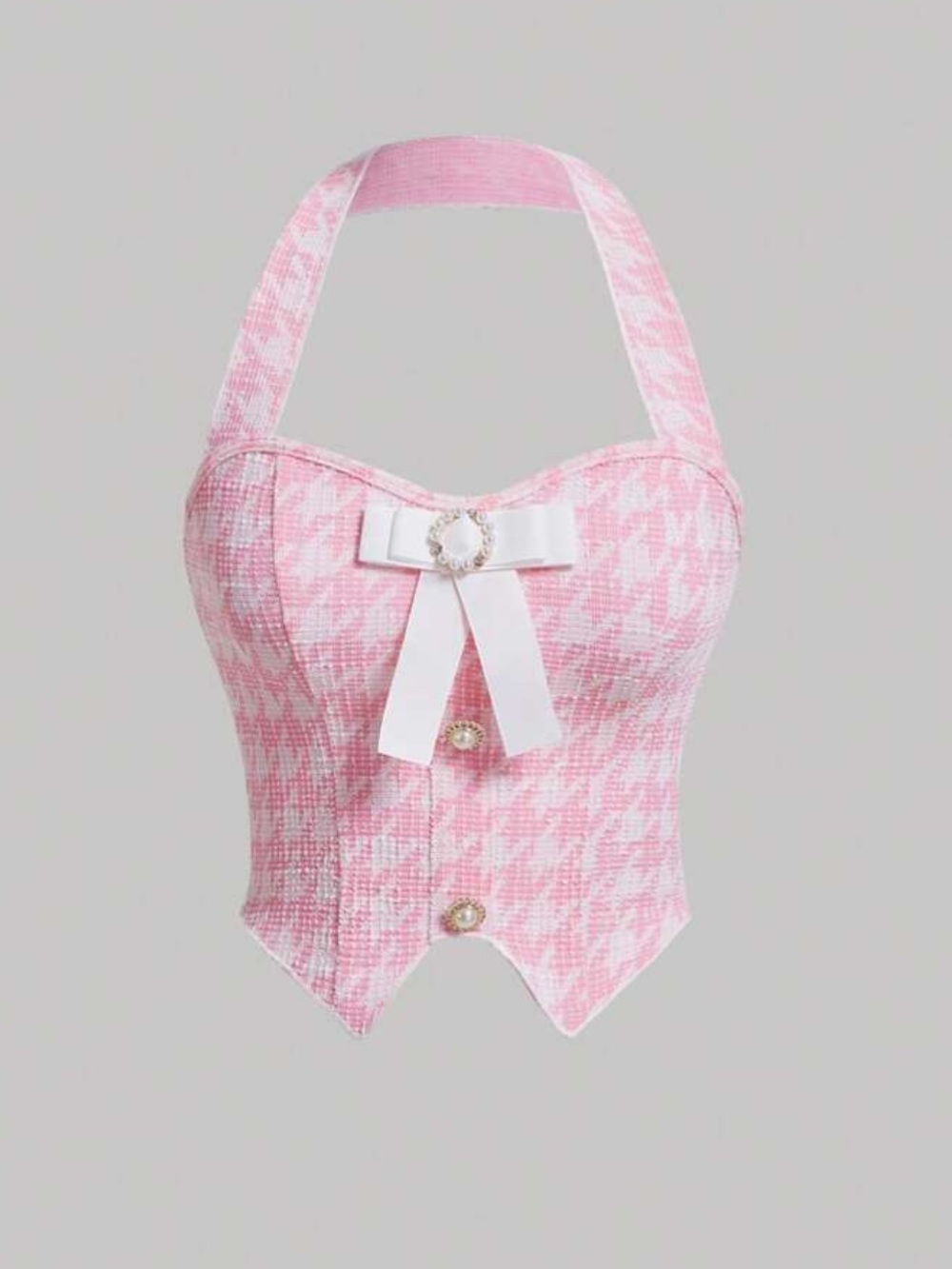 SHEIN Pink Houndstooth Bow Halter Corset Top